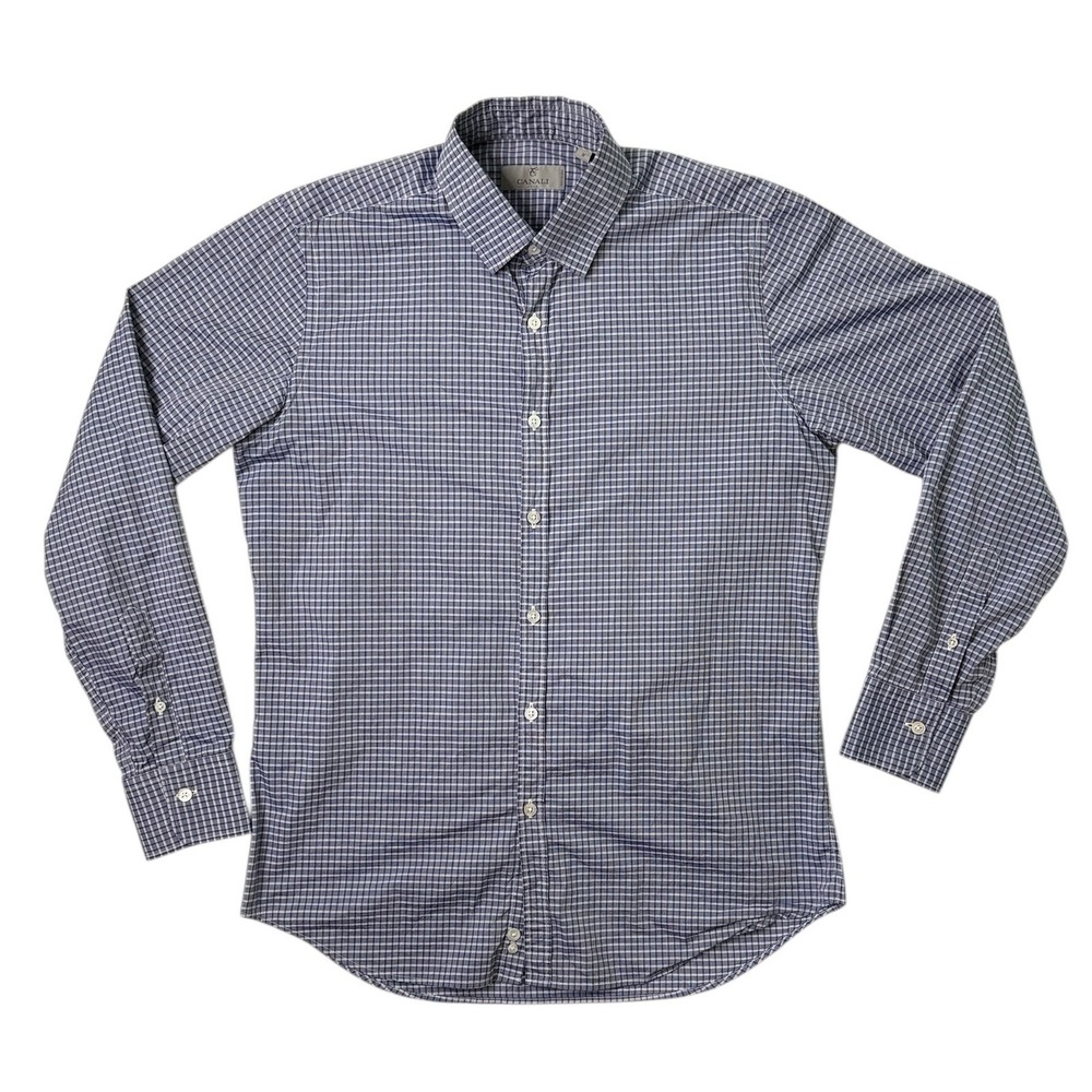 Canali Mens Button Down Shirt Gingham Plaid‎ Made in Italy Cotton Medium